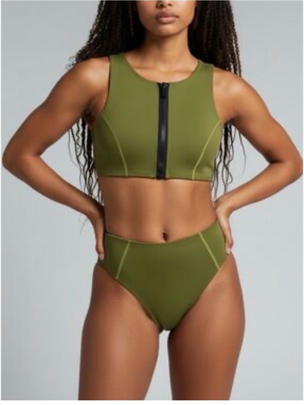 High-Neck Olive Zip-Front Women's Swim Top & High Waist Bottom Set